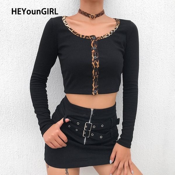 

heyoungirl patchwork leopard basic womens t shirt casual long sleeve cropped t-shirt femme korean high street tee shirt 201028, White