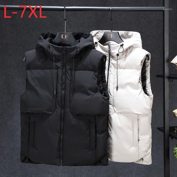 

men winter vest hooded waistcoat classic sleeveless jacket warm thick casual windbreaker parka plus large size 7xl, Black;white