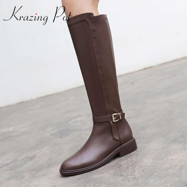 

krazing pot big size genuine leather round toe med heel riding boots buckle decoration young lady streetwear knee-high boots l59, Black