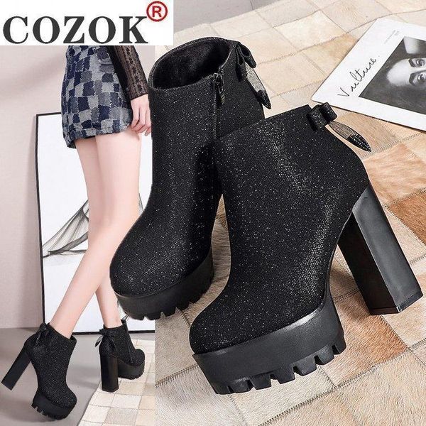 

boots lolita leather booties shoes crystal luxury designer bootee woman 2021 for women platform round toe zipper1, Black