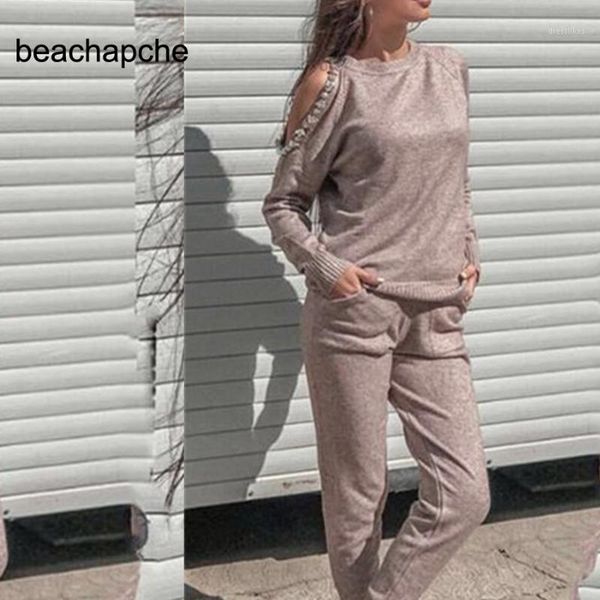 

women's tracksuits cashmere + woolen beading knit warm sets strapless sweater mink trousers leisure two-piece elastic suits1, Gray