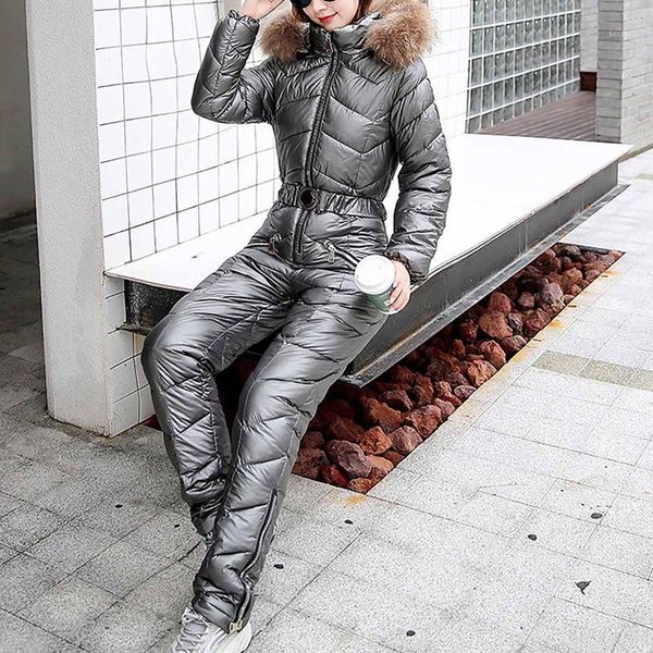 

new winter women's hooded jumpsuits parka cotton padded warm sashes ski suit straight zipper one piece casual tracksuits#g301, Black