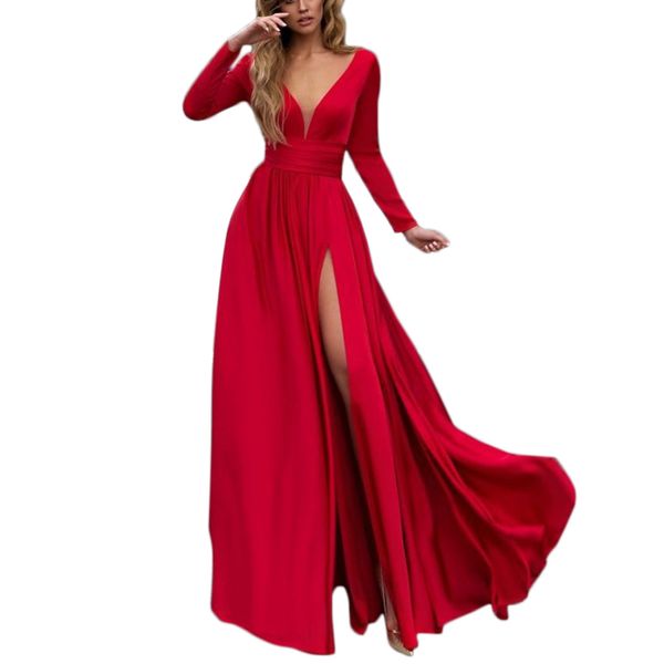 YJSFG HOUSE PLUS Женская платье длиной до пола Элегантные V-образные шеи с длинным рукавом Дамы Maxi платье Сплит вечер Сексуальная вечеринка Красные платья Y0118