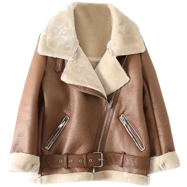 

women's leather & faux winter women lambs wool parkas fur collar zipper jacket warm thick outerwear lamb turn-down coat, Black