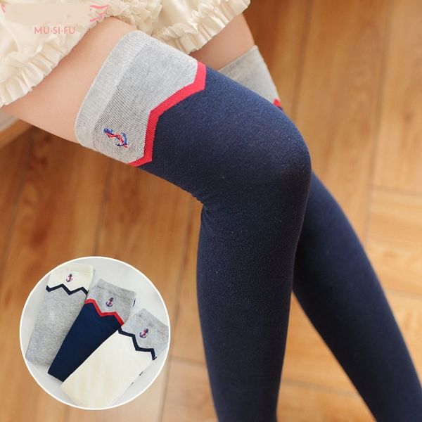 

japanese and koreanstyle high hose female autumn stockings winter cotton boat anchor embroidery knee socks printing long tube pile stockings, Black