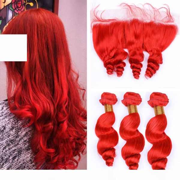 

bright red loose wave 3bundles virgin brazilian hair with frontal pure red human hair 13x4 lace frontal closure with weaves 4pcs lot, Black;brown