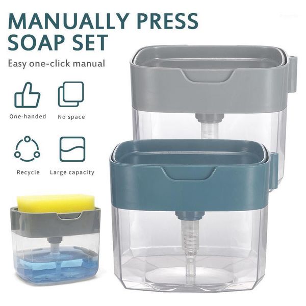 

3 colors 2-in-1 manual press soap pump dispenser with washing sponge holder cleaning liquid container home kitchen accessories1