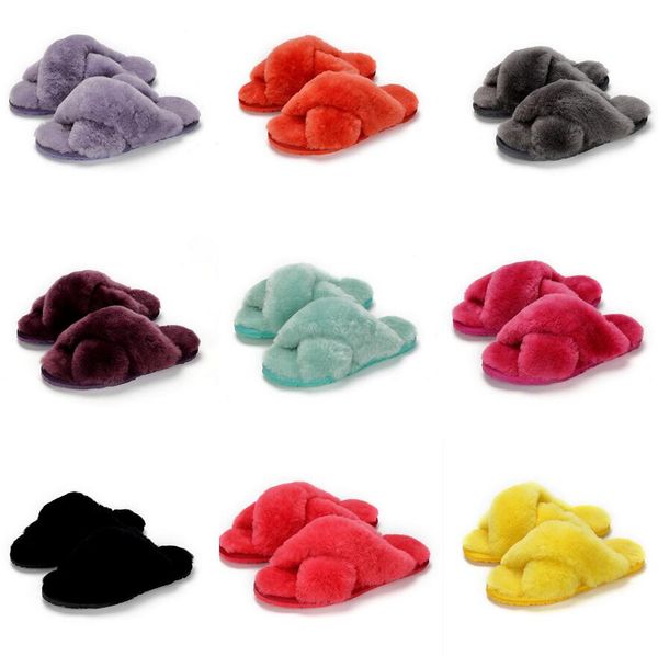 

women designer solid color fur fluffy open toe slippers sliders winter warm cross over open toe mules colorful sandals shoes, Black