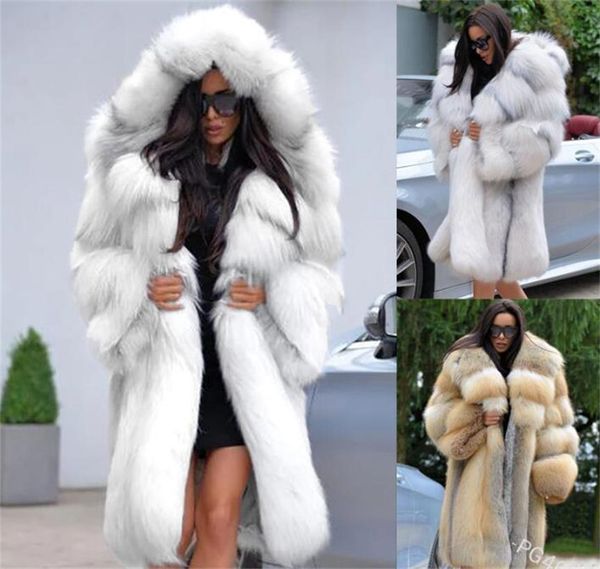 

winter faux fur coat high collar mid length women hood jacket size  to 5xl ing, White