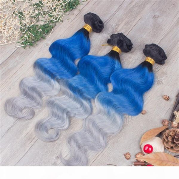 

peruvian virgin ombre body wave 3 hair bundles 100g pc three tone 1b blue grey hair bundles for sale, Black;brown