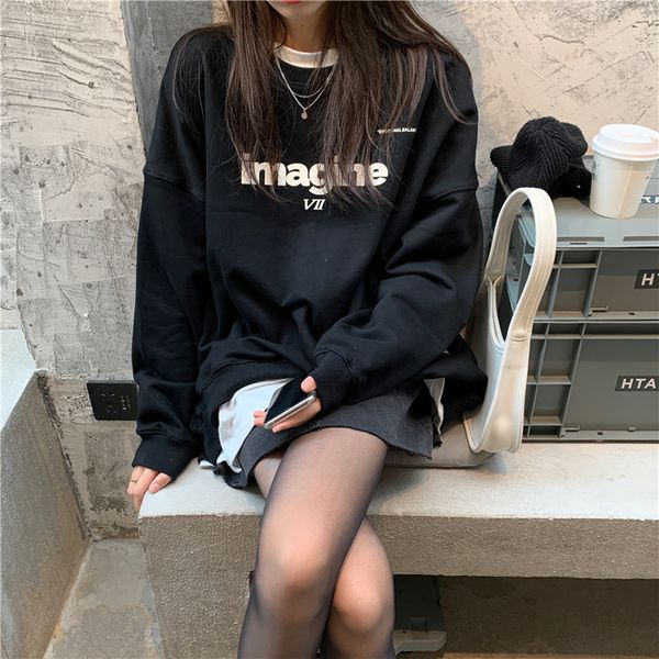 

autumn 2020 new sleeve letter sweater medium and long casual korean loose chic women's fashion