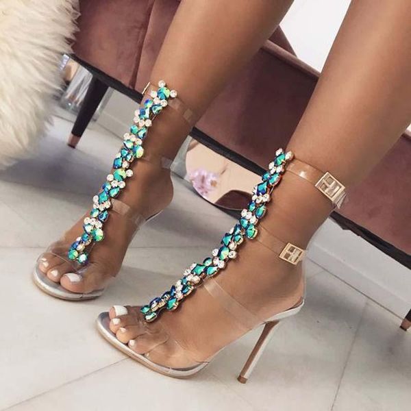 

buckle strap women sandals pvc jelly blue crystal sandals open toed high heels pumps silver size 35-40 women shoes, Black