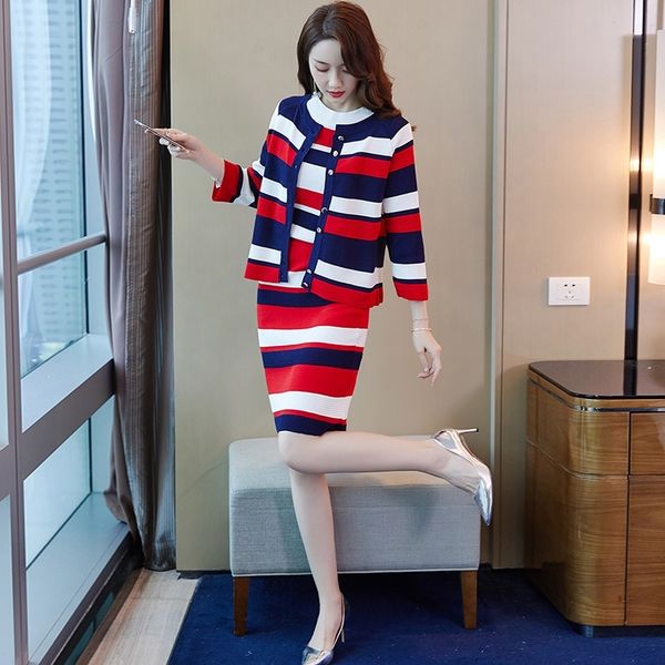 

knitted striped 3 pieces set women single-breasted cardigan + short sleeve pullover + bodycon skirt suit women's sets 201027, White