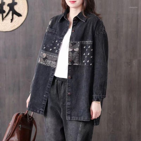 

luxury korean style ladies pattern print shirts womens fashion denim vintage long sleeve and blouses plus size lt982s301, White
