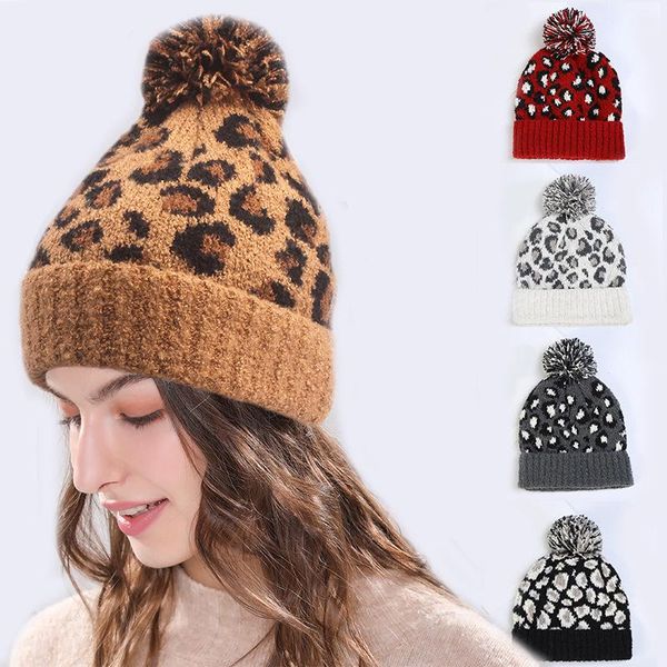 

beanie/skull caps 2021 winter knitting hat women fashion leopard pompon cap female outdoor warm hairball skullies beanie hedging z226, Blue;gray