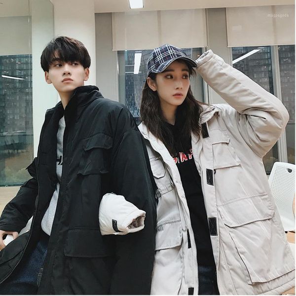 

2018 winter new korean version of chic loose stand collar tooling three-dimensional pocket men's cotton black / rice s-2xl1