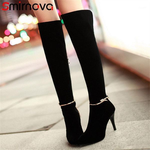

smirnova 2020 winter boots thin heels pointed toe solid over the knee boots zipper metal decoration thigh high1, Black