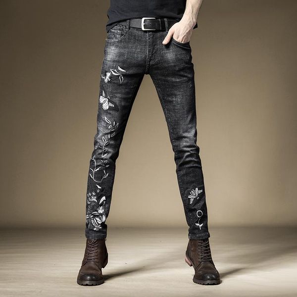 

вышивка джинсы мужчины повседневная цветы бабочки pattern slim fit black denim длинные брюки, Blue