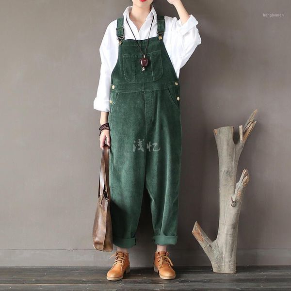 

women's jumpsuits & rompers wholesale- 2021 arrival women corduroy overalls boy friends fit woman jumpsuit loose full length pants femm, Black;white