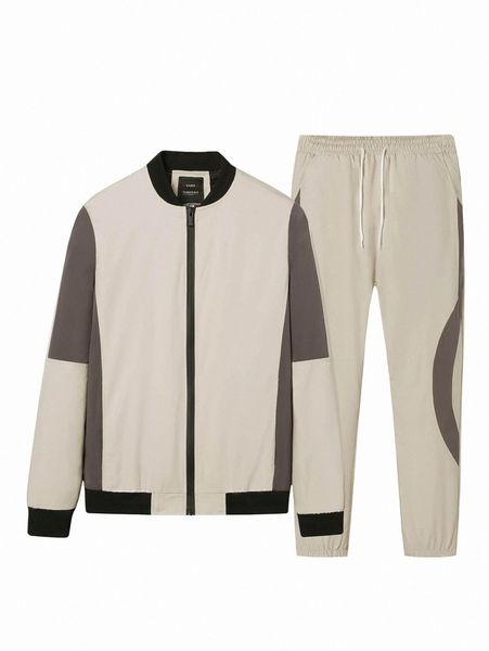 

men color block bomber jacket & drawstring waist joggers b4jo#, Gray