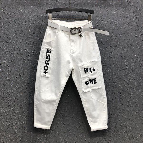 

2020 spring summer new korea fashion women white casual denim harem pants letter patchwork cotton loose jeans plus size s809, Blue