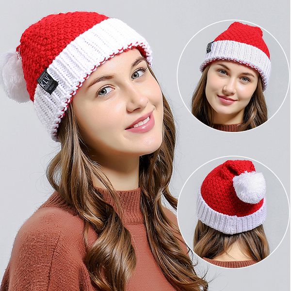 

christmas santa hats color block knitted cap with fleece festival party costume beanies warm pompom hat for kid for party, Blue;gray