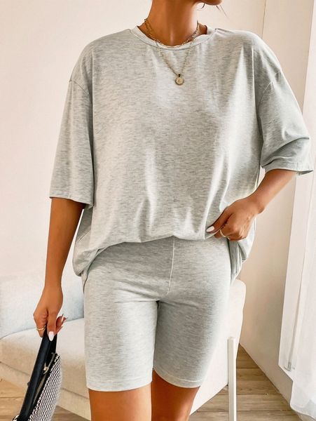 

marled drop shoulder tee & biker shorts x9ye#, White