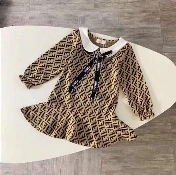 

children fashion design kids girls dress new autumn long sleeve girls dresses white collar letter print ruffle girls clothes with bow, Red;yellow