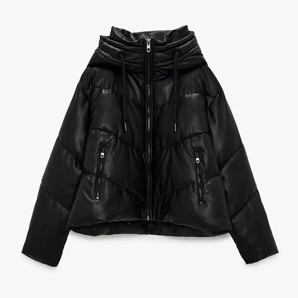 

rr winter thick casual hooded parkas women fashion pu leather coats women elegant zipper a line cotton jackets female ladies in, Black
