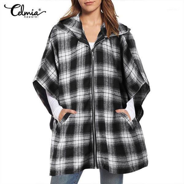 

2020 fashion vintage women hoodes coats celmia bat sleeve plaid hoodies outerwear casual loose zipper pockets checkered jackets1, Black;brown