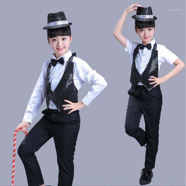 

pants+vest+bow+ hat girls sequined ballroom jazz hip hop dance competition costumes boys kids stage wear outfits1, Black;red