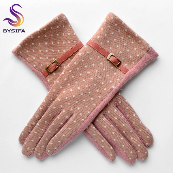 

bysifa] women polka dot wool mittens fashion metal buckle and pu design cashmere elegant thick warm pink gloves, Blue;gray