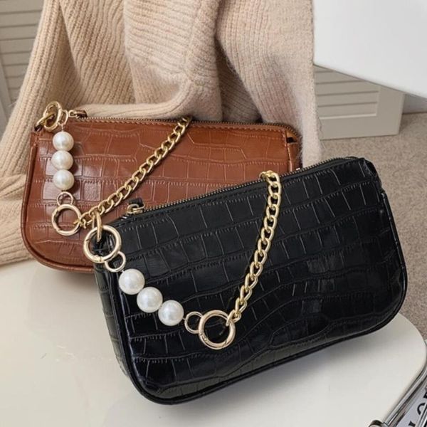 

shoulder bags crocodile pattern square armpit bag 2021 pu leather women's designer handbag pearl chain messenger