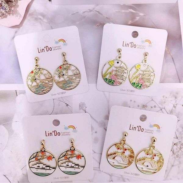 

dangle & chandelier antique chinese style painted earrings for women spring summer autumn and winter seasons scenery fashion jewelry gifts, Silver