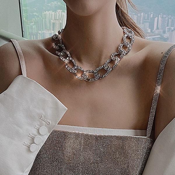 

chokers 2021 fashion women shiny rhinestone charming necklace thick chain lock choker necklaces, Golden;silver