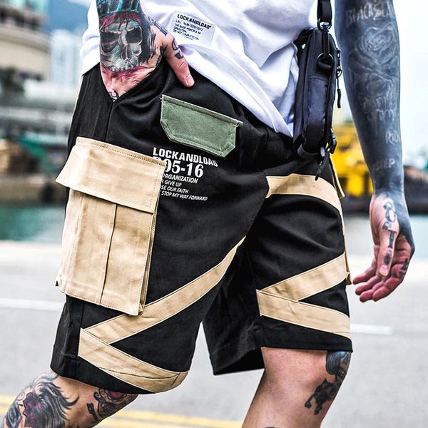 

men streetwear camouflage cargo shorts pants male loose shorts mens hip hop multi-pocket shorts student military short pants 1027, White;black