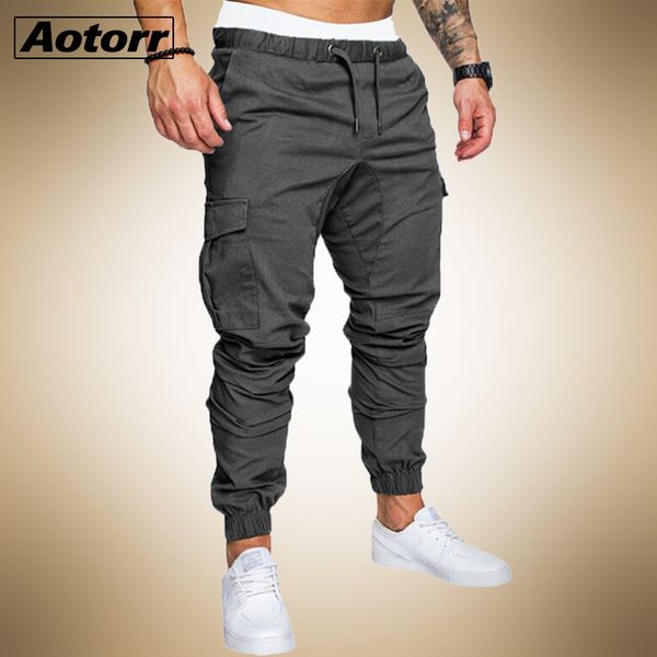 

autumn cargo pants men casual military sweatpants patchwork drawstring trousers army joggers pants mens sport trousers 201110, Black