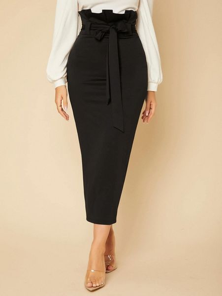 

tall paperbag waist self belted skirt j1xg#, Black