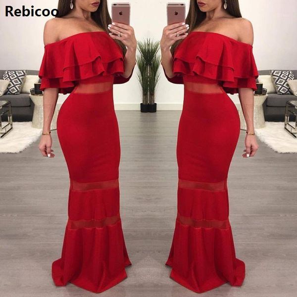 

rebicoo women elegant formal party dresses red ruffle off shoulder backless pencil dress summer bodycon boho maxi dress1, Black;gray