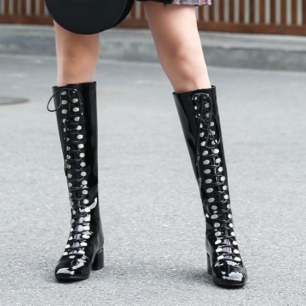 

women lace up patent leather block heel runway ankle boots fashion square toe back zip silver black knee high boots plus size
