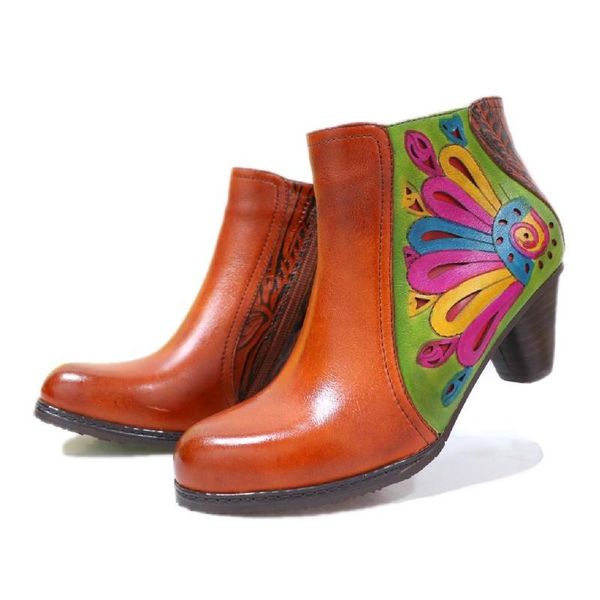

boots retro women sun flower genuine leather splicing zipper lace up comfy 3-5cm thick high heel shoes 2021, Black