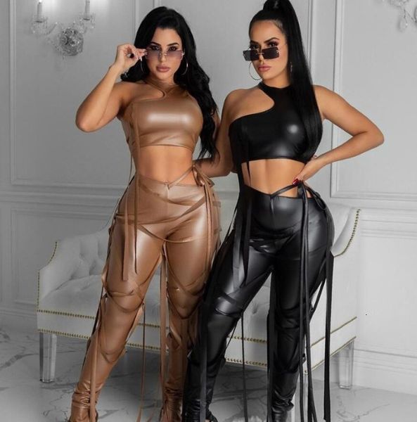 

da 3136b 2021 spring open navel hollow vest + pants ribbon pu street suit, Tan;black