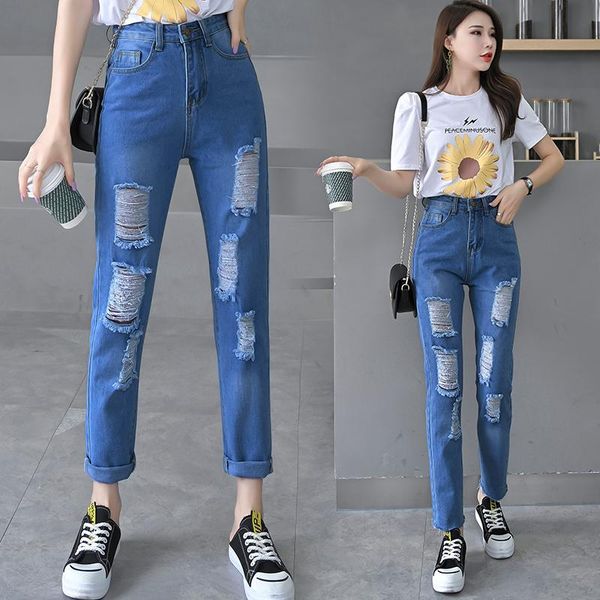

women ripped jeans high waist beggar ladies big holes destroyed broken torn denim pants vintage female jeans boyfriend, Blue