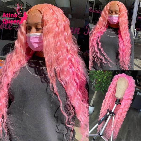 

lace wigs omber pink colored human hair pre plucked perruque glueless long curly hd transparent front for women brazilian, Black;brown