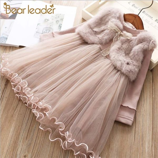 Urso líder meninas malha babados vestido 2020 nova moda princesa vestido casual kids lace bowtie outfit manga longa crianças roupas lj200923