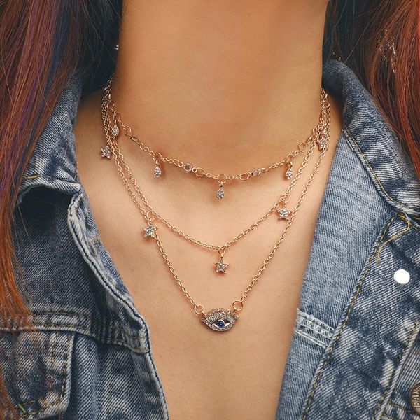 

pendant necklaces 2021 fashion bohemian gold multilayer star crystal necklace for women blue rhinestone eye choker jewelry, Silver
