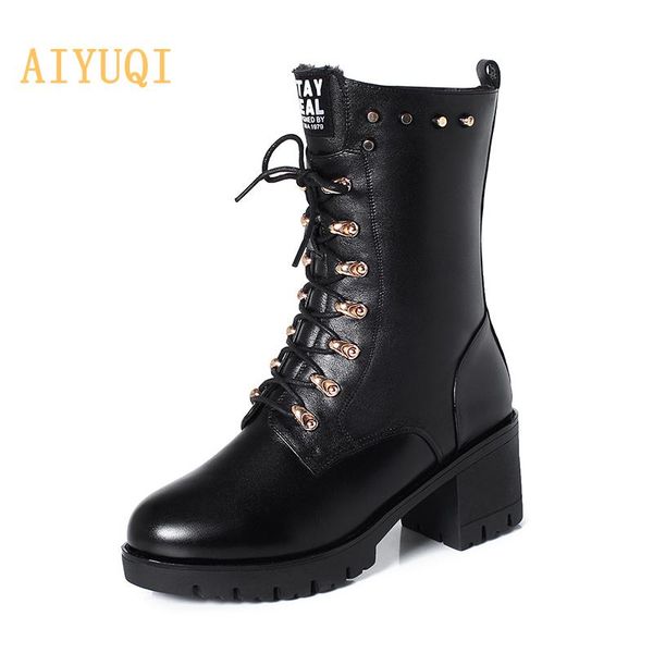 

aiyuqi женщины boots winter mid-теленок сапоги шипованная женщина мартин из натуральной кожи большого размер 43 шерсти теплого мотоциклов, Black
