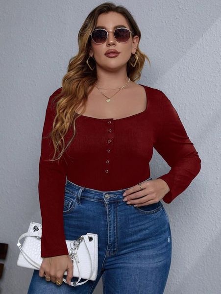 

plus half button ribbed knit bodysuit e1hp#, Black