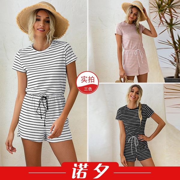 

jumpsuit women summer bodysuit 2020 popular european round neck striped home casual rompers womens jumpsuit lx1551, Black;white