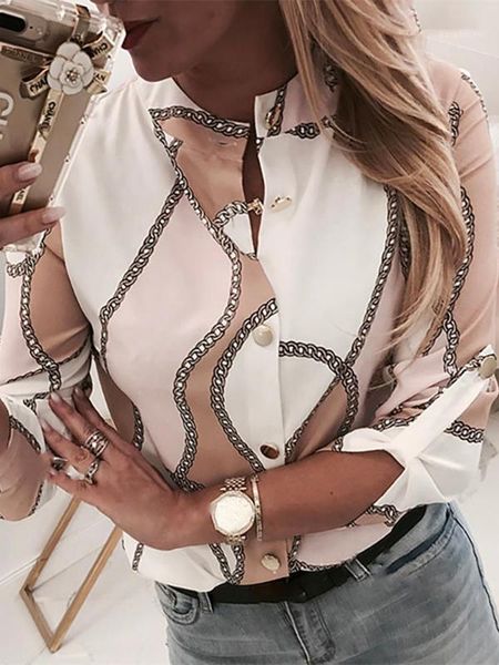 

2020 summer women new elegant trending leisure blouse female vacation office chain print button through casual shirt1, White